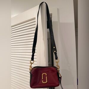 Marc Jacobs Burgundy and Black Leather Snapshot Crossbody with Gold Hardware